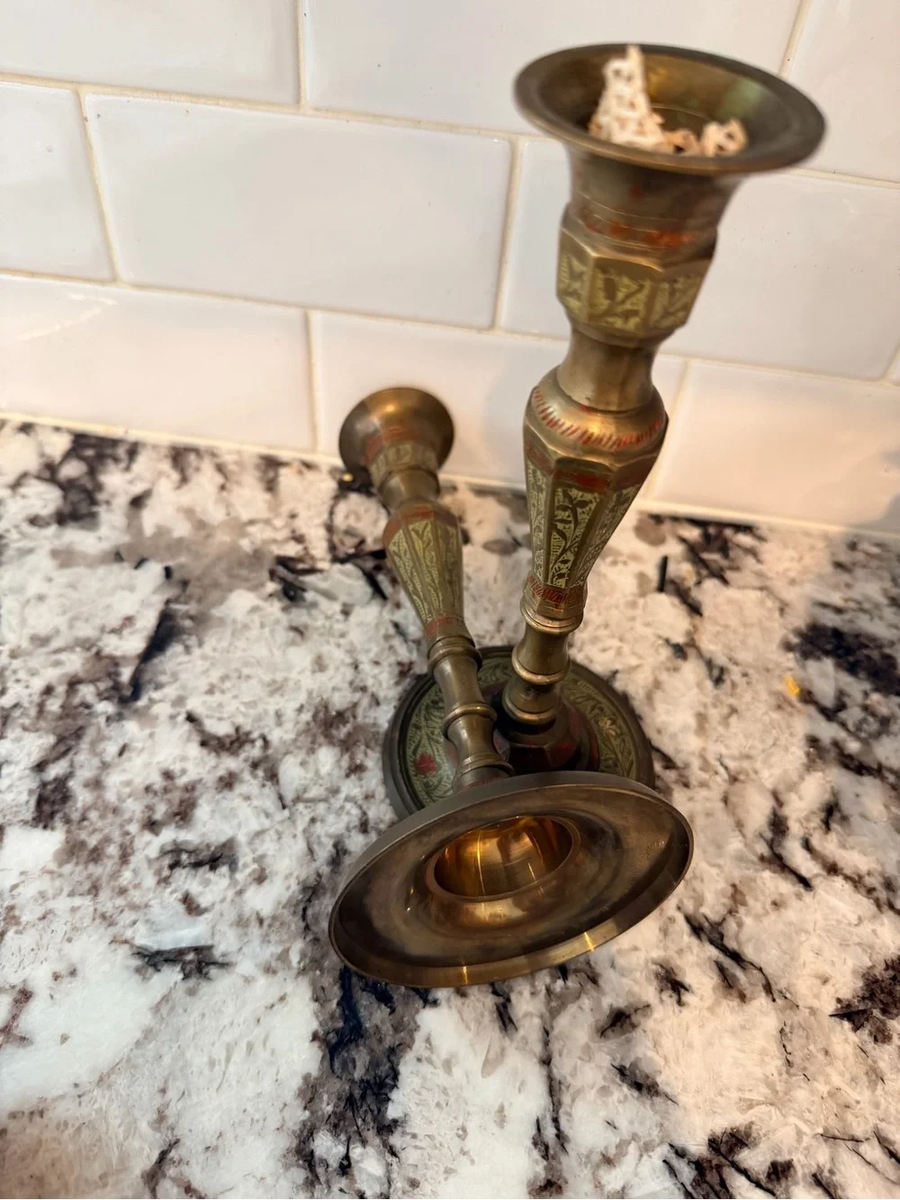 Vintage 1982 Stamped Indian Brass & Enamel Candlesticks – Matching Pair